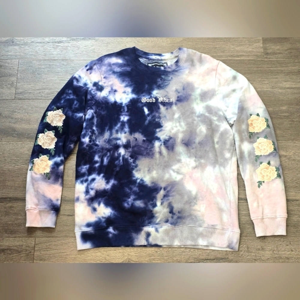 Blind Rooster Good Vibes Tie Dye Embroidered Rose Sleeves Crewneck Sweashirt